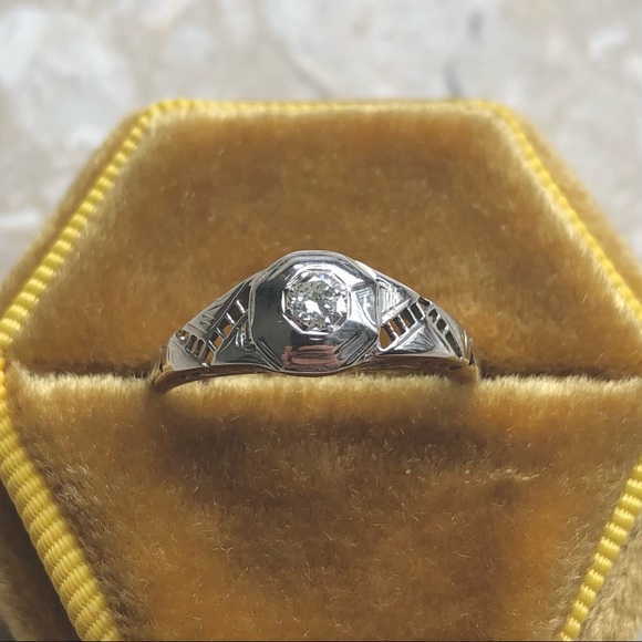 18k White Gold Filigree Diamond Ring Art Deco - Picture 5 of 10